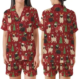 Women's & Pug Lovers Pajamas: Deep Red Christmas Pattern with Santa Hat Pugs & Snowflakes Satin Short-Sleeve Pajamas Set