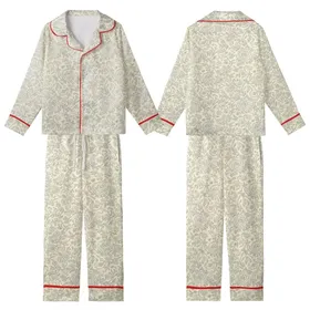 Women's Creamy Yellow Slate Grey Botanical Etching Rose Peony Butterfly Vine Pattern Kid Satin Pajamas Set