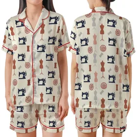 Sewing Enthusiasts' Retro Illustrative Pale Cream Navy Grey Pink Vintage Sewing Machine & Spools Pattern Satin Short-Sleeve Pajamas Set