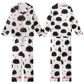 Family Long Sleeve Pajama Set: Whimsical Fluffy Black Cat Christmas Lights & Stars Pattern - Soft Polyester Spandex Sleepwear Kid Satin Pajamas Set