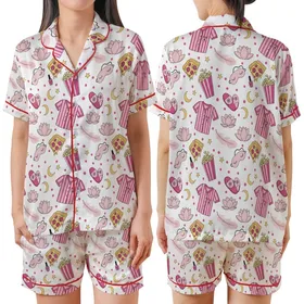 Teen Tween Pink Slumber Party Sleep Set: Playful Pizza, Pajama, Popcorn & Star Pattern Satin Short-Sleeve Pajamas Set