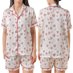 Women's White Crinkle Muslin Pajamas: Pink Heart Pattern - Organic Cotton 3-Piece Set Satin Short-Sleeve Pajamas Set