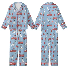 Family Christmas Pajamas: Whimsical Fire Truck Dalmatian Pattern Long Sleeve Matching Sleep Set Kid Satin Pajamas Set