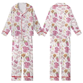 Teen Tween Pink Slumber Party Sleep Set: Playful Pizza, Pajama, Popcorn & Star Pattern Kid Satin Pajamas Set