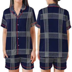 Women's Plus Size Tailored Organic Cotton Pajamas: Loose Navy Gray Gingham Plaid Satin Short-Sleeve Pajamas Set