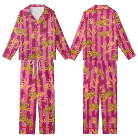 Women's Hot Pink Tiger Safari Block Print Cotton Sleep Set - Bridesmaid Loungewear Kid Satin Pajamas Set