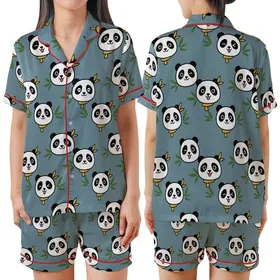 Playful Panda Loungewear: Cartoon Head & Bamboo Print - Cozy Pajamas Set Satin Short-Sleeve Pajamas Set