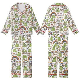 Uplifting Art Lovers' Whimsical Frogs & Rainbow Symbols Pattern, Affirmation Text in Vibrant Green, Full Spectrum Colors Kid Satin Pajamas Set