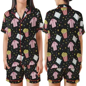 Popcorn & Pajamas Party: Whimsical Chalkboard Popcorn & Sleepwear Pattern Comfort Loungewear Set Satin Short-Sleeve Pajamas Set