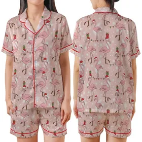 Women's Whimsical Pink Flamingo Christmas Sleep Set: Santa Hat & String Light Holiday Pattern Satin Short-Sleeve Pajamas Set