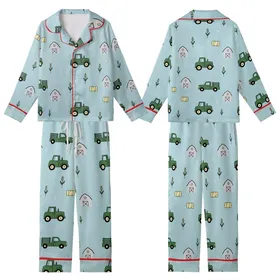 Farm Life Enthusiasts' Light Blue Hand-Drawn Minimalist Farm Vehicle Barn Pattern Kid Satin Pajamas Set