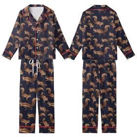 Nature Lovers' Realistic Warm Brown Squirrels Dark Navy Seamless Climbing Wildlife Pattern Kid Satin Pajamas Set