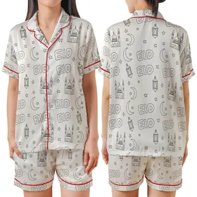 Playful Eid Celebration: Hand-Drawn Mosque & Moon Outline Art Print Satin Short-Sleeve Pajamas Set
