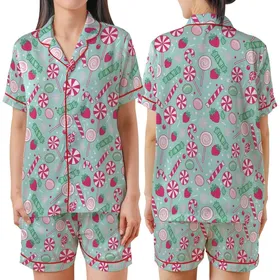 Aqua Candy Cane Swirl Lollipop Hard Ribbon Gumdrop Strawberry Snowflake Design Satin Short-Sleeve Pajamas Set