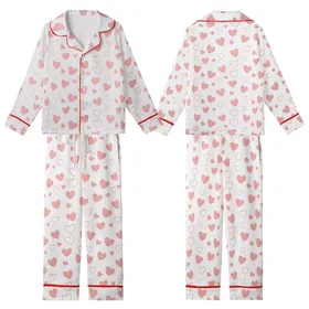 Women's White Crinkle Muslin Pajamas: Pink Heart Pattern - Organic Cotton 3-Piece Set Kid Satin Pajamas Set