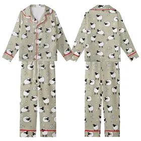 Farmer Girl's Sheep Pajama Set: Cute Cartoon Lambs & Stars Pattern - Soft Poly-Spandex Sleepwear Kid Satin Pajamas Set