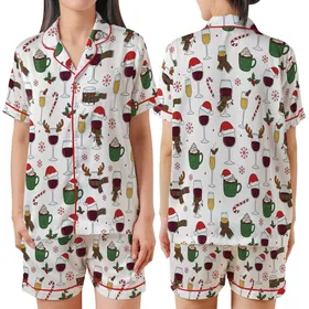 Festive Family Wine Glass & Santa Hat Christmas Drinkware Print Soft Stretch Sleep Set Satin Short-Sleeve Pajamas Set