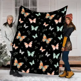 Women's Majestic Watercolor Butterfly & Delicate Floral All-Over Pattern Muted Orange Teal Black Fleece Blanket
