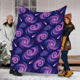Cosmic Dreamers' Stylized Nebula Galaxy Pattern Deep Blue Purple Fuchsia Stars Fleece Blanket