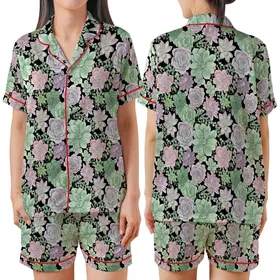 Succulent Lover's Pajamas: Muted Mint, Teal & Blush Botanical Watercolor Sleep Set Satin Short-Sleeve Pajamas Set