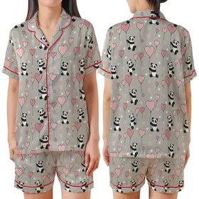 Panda Lover's Sleep Set: Playful Cartoon Pandas, Blush Pink Hearts, Cozy Loungewear Satin Short-Sleeve Pajamas Set