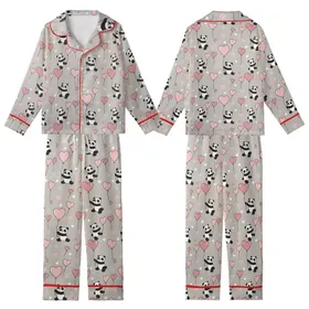 Panda Lover's Sleep Set: Playful Cartoon Pandas, Blush Pink Hearts, Cozy Loungewear Kid Satin Pajamas Set
