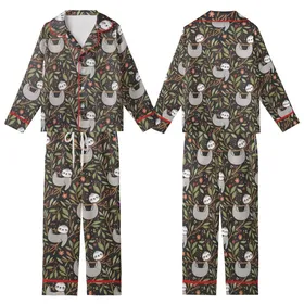 Sloth Lover Pajamas: Whimsical Forest Sloths & Foliage Pattern -  Sleep Set Satin Short-Sleeve Pajamas Set