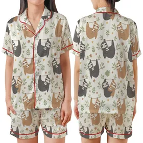 Sloth Lover's Cute Cartoon Sloths & Jungle Leaves Canvas Footwear Satin Short-Sleeve Pajamas Set