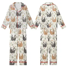 Sloth Lover's Cute Cartoon Sloths & Jungle Leaves Canvas Footwear Kid Satin Pajamas Set