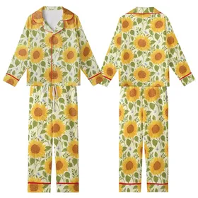 Women's Golden Yellow Sunflower & Light Blue Butterfly Creamy Yellow Watercolor Floral Kid Satin Pajamas Set