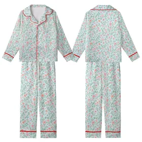 Women's Elegant Floral Pajama Set: Sky Blue Ditsy Wildflower, Open Front Ruffle Top & Pants Kid Satin Pajamas Set