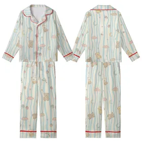 Women's Cute Bear Cloud Two-Piece Loungewear: Cream Blue Wavy Long Sleeve V-Neck Set Kid Satin Pajamas Set