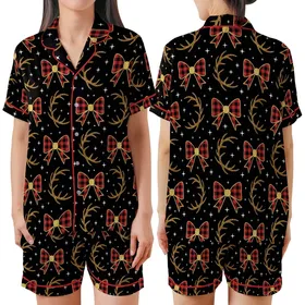 Women's Festive Buffalo Plaid Bow, Glitter Reindeer Antlers & Stars Sleep Set Satin Short-Sleeve Pajamas Set