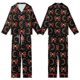 Women's Festive Buffalo Plaid Bow, Glitter Reindeer Antlers & Stars Sleep Set Kid Satin Pajamas Set