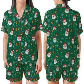 Women's Emerald Green Whimsical Santa & Candy Cane V-Neck Button Sleep Set Satin Short-Sleeve Pajamas Set
