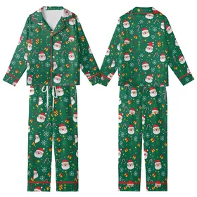 Women's Emerald Green Whimsical Santa & Candy Cane V-Neck Button Sleep Set Kid Satin Pajamas Set