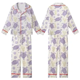 Women's Whimsical Lilac Sea Turtle & Seashell Print Cami with Ruffled Hem - Polyester Blend Sleep Set Kid Satin Pajamas Set
