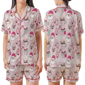 Women's Pastel Pink Whimsical Santa Reindeer Holiday Long Sleeve 2pc Pajama Set Satin Short-Sleeve Pajamas Set