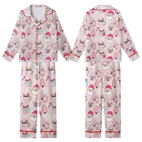 Women's Pastel Pink Whimsical Santa Reindeer Holiday Long Sleeve 2pc Pajama Set Kid Satin Pajamas Set