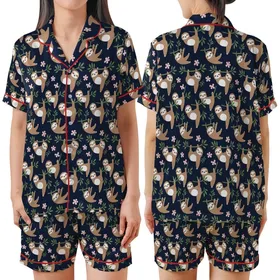 Sloth Lover's Adorable Flat Sloth & Tropical Foliage Navy Low Top Canvas Shoes Satin Short-Sleeve Pajamas Set