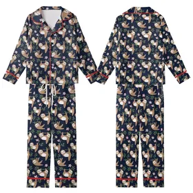Sloth Lover's Adorable Flat Sloth & Tropical Foliage Navy Low Top Canvas Shoes Kid Satin Pajamas Set