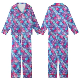 Mermaid Lover's Vibrant Watercolor Scale Pajama Set - Magenta Violet Cyan Ocean Design Kid Satin Pajamas Set
