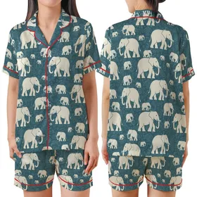 Women's Stylized Cream Elephant Pajamas: Desaturated Teal Paisley Sleep Set Satin Short-Sleeve Pajamas Set