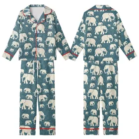 Women's Stylized Cream Elephant Pajamas: Desaturated Teal Paisley Sleep Set Kid Satin Pajamas Set