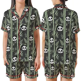 Panda Lover's Loungewear: Adorable Cartoon Panda Faces & Sage Green Bamboo Sleep Set Satin Short-Sleeve Pajamas Set