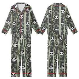 Panda Lover's Loungewear: Adorable Cartoon Panda Faces & Sage Green Bamboo Sleep Set Kid Satin Pajamas Set