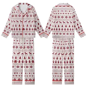 Women's Folkloric Fair Isle Christmas Pajamas: Reindeer Snowflake Long Sleeve Button-Front (White/Red) Kid Satin Pajamas Set