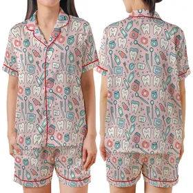 Women's Dentist Pajamas: Cute Pastel Pink Dental Tools & Happy Teeth Pattern Sleep Set Satin Short-Sleeve Pajamas Set