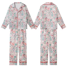 Women's Dentist Pajamas: Cute Pastel Pink Dental Tools & Happy Teeth Pattern Sleep Set Kid Satin Pajamas Set