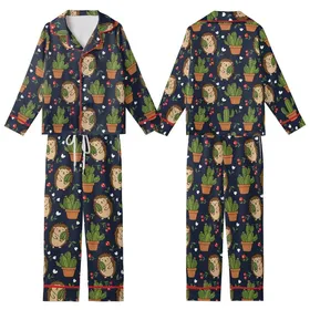 Hedgehog Lovers' Whimsical Navy Blue Cacti & Hedgehog Pattern with Red Berries Kid Satin Pajamas Set